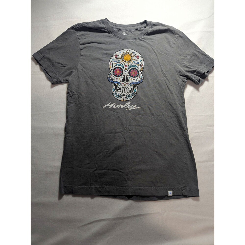 Hurley men's Gray Skull Graphic Print Cotton Knit Crew Neck Short Sleeve Tee S